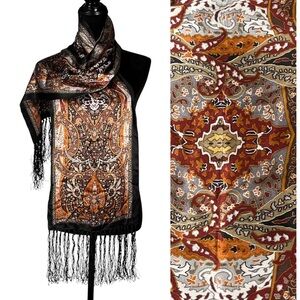 The Met Brown Paisley Silk Scarf Long Fringe Wrap Rectangular Art Black Teal